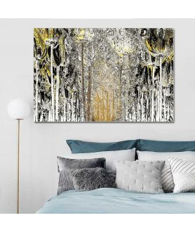 Obrazy las - Grafika czarno biała z żółtym akcentem Leśna droga