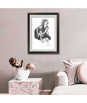 Dzieła sztuki - Grafika czarno biała z kobietą, malowana ręcznie tuszem, glamour
