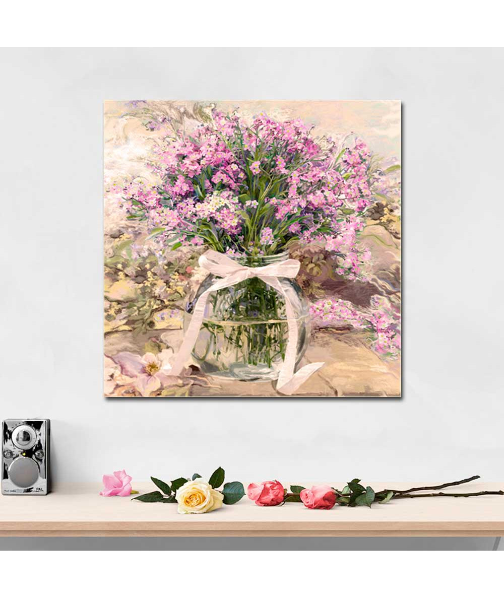 Obrazy kwiaty - Obraz na ścianę Różowe niezapominajki w słoju (obraz kwadratowy)