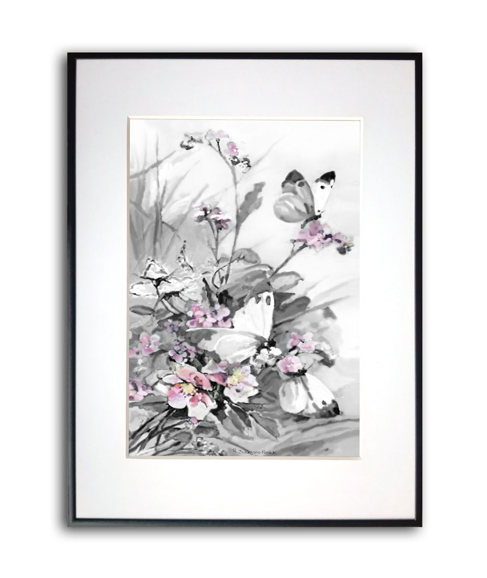 Plakat akwarela w ramie - Motyle i polne kwiaty