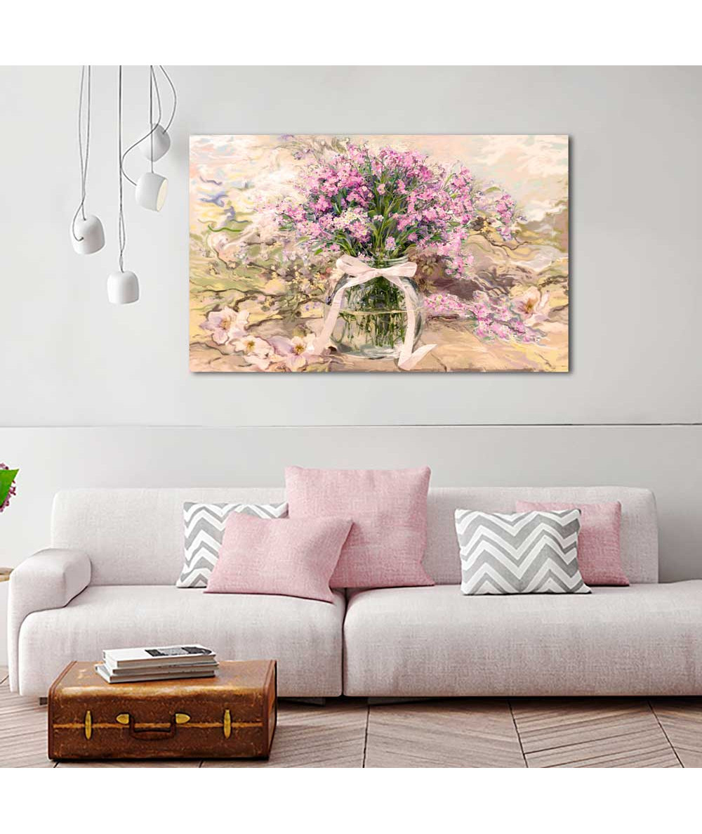obrazy kwiaty - Obraz różowe kwiaty Powojnik i różowe niezapominajki w słoju