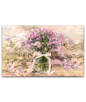 Obrazy na ścianę - Obraz różowe kwiaty Powojnik i różowe niezapominajki w słoju