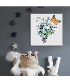 Obrazy na ścianę - Mały obrazek Bukiecik niezapominajek i motyl