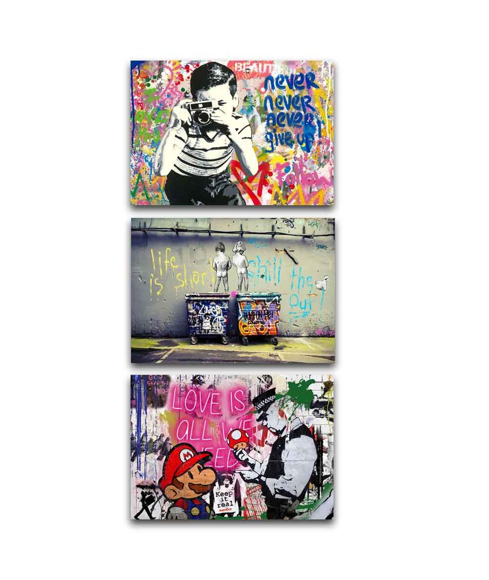 Obrazy na ścianę - Banksy zestaw 3 obrazów graffiti na płótnie