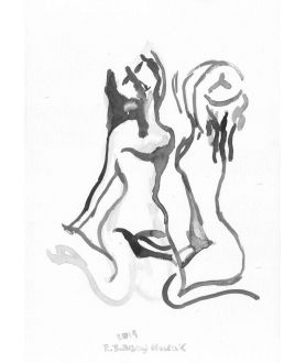 Dzieła sztuki - Grafika dwie kobiety czarno biała, malowana ręcznie, tusz, figuracja